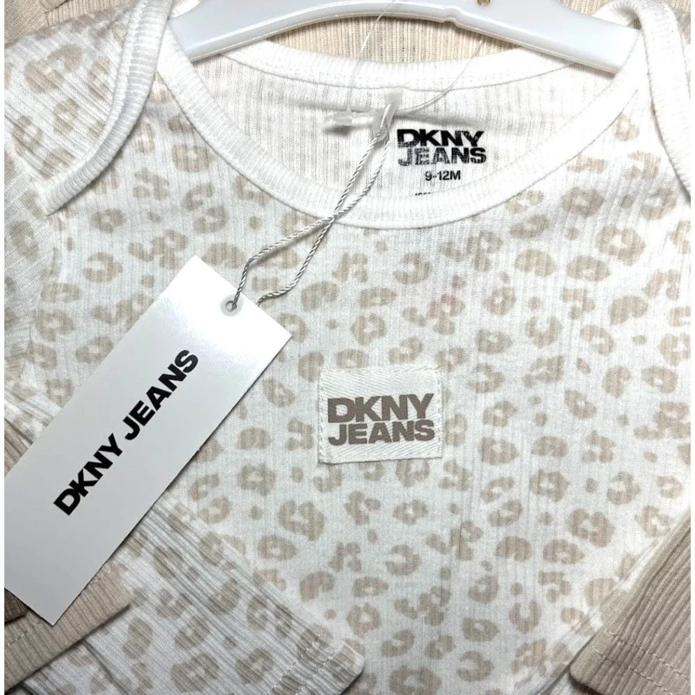 DKNY Baby Girl 9 12 Mos Long Sleeve Bodysuit Lot Brown Tan Leopard Cotton‎ 3pc